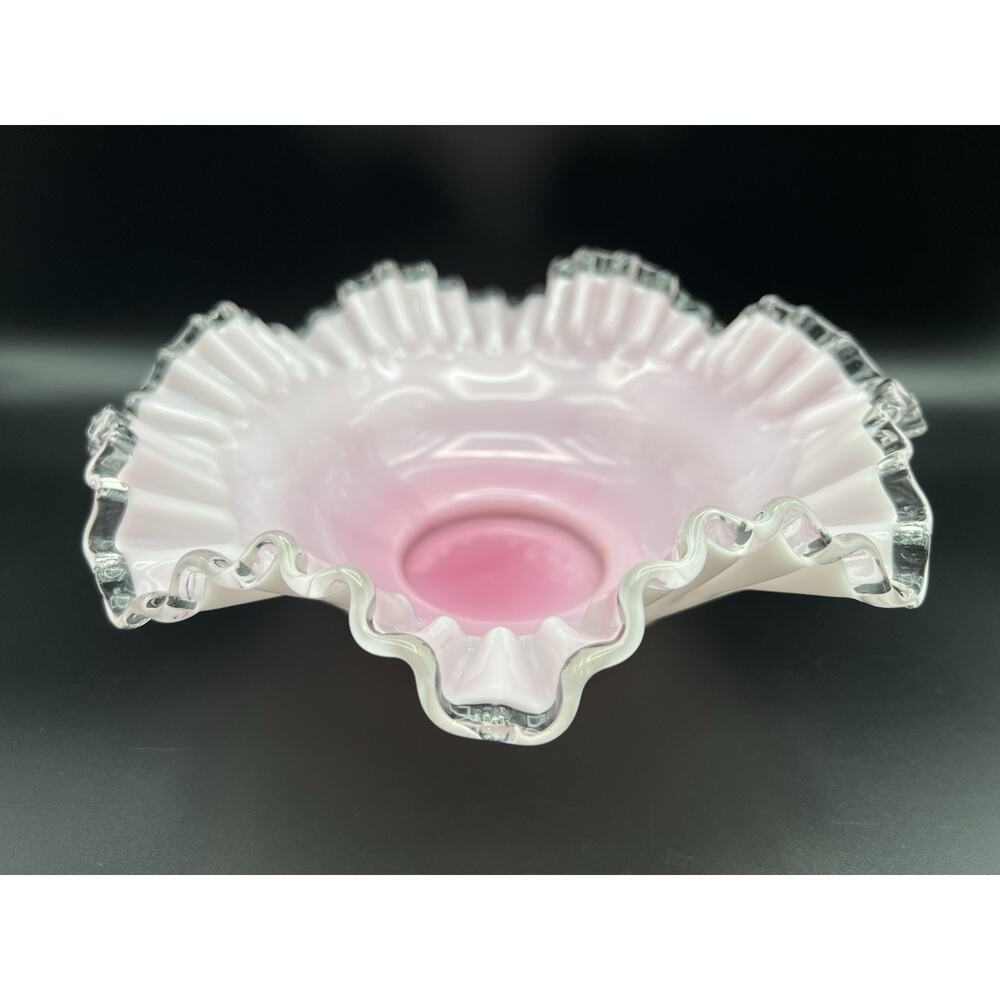 Fenton Silver Crest White w Pink Cased Glass Bride’s Basket Bowl 10.5” Vintage